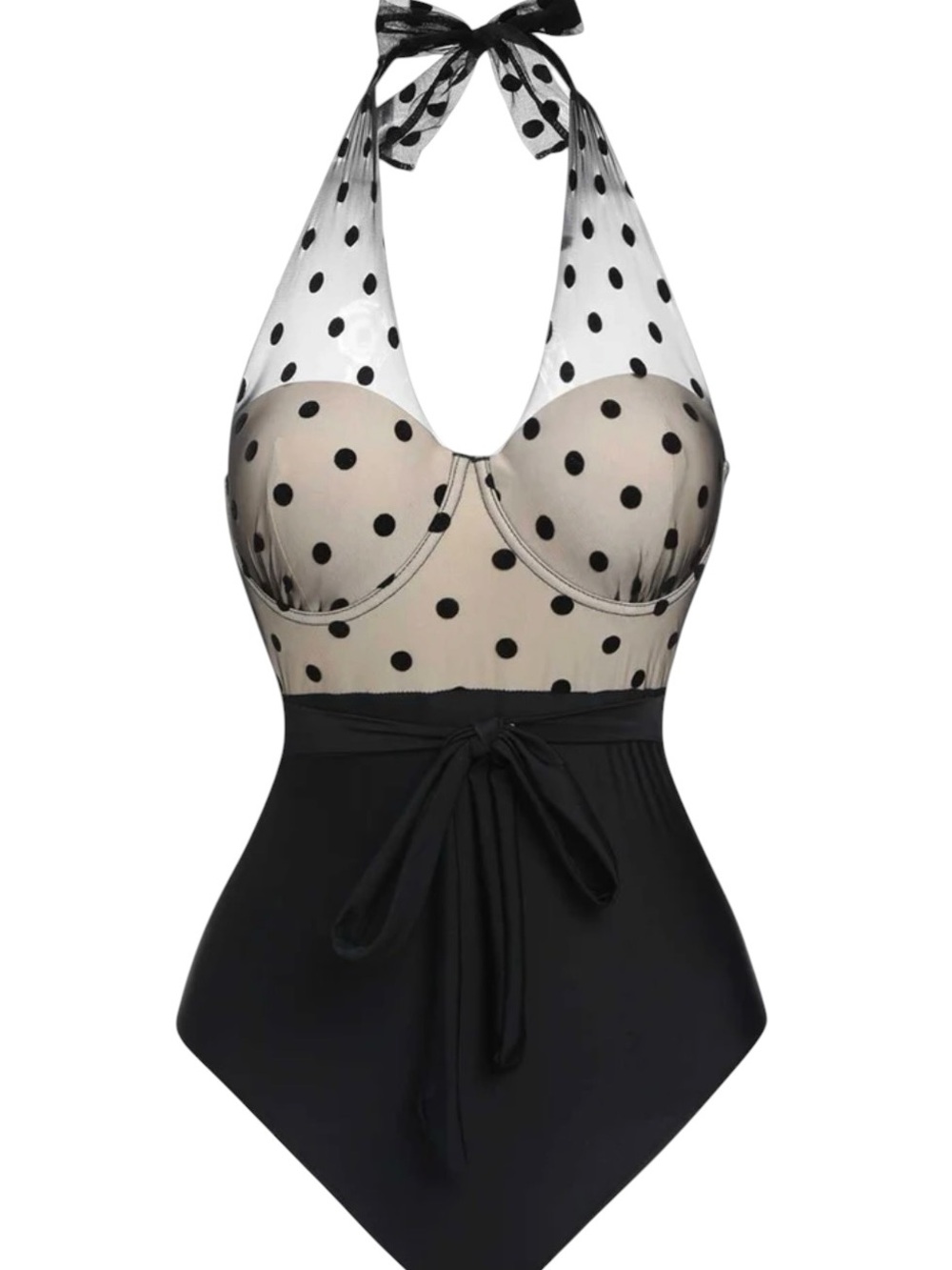 RETRO STAGE | NEW Black 1950S Halter Polka Dot Mesh One-Piece Swimsuit XXL = 14